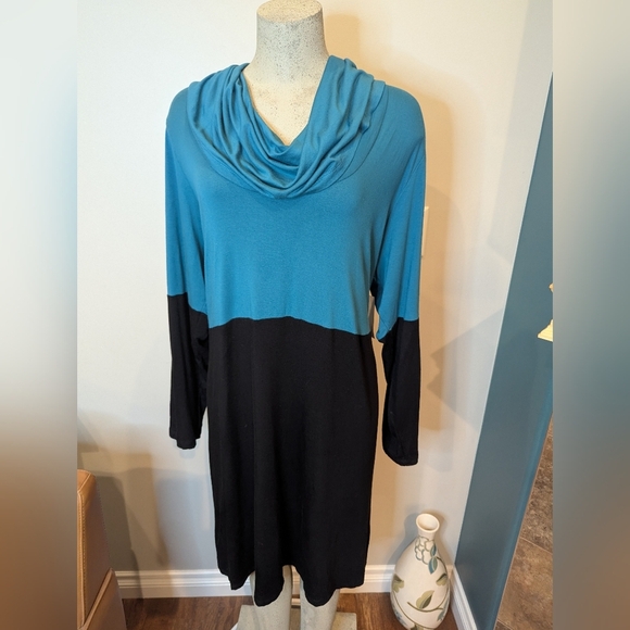 NWT Karen Kane Women's Color Block cowl neck Teal & black Dress Sz 3x - Picture 2 of 13